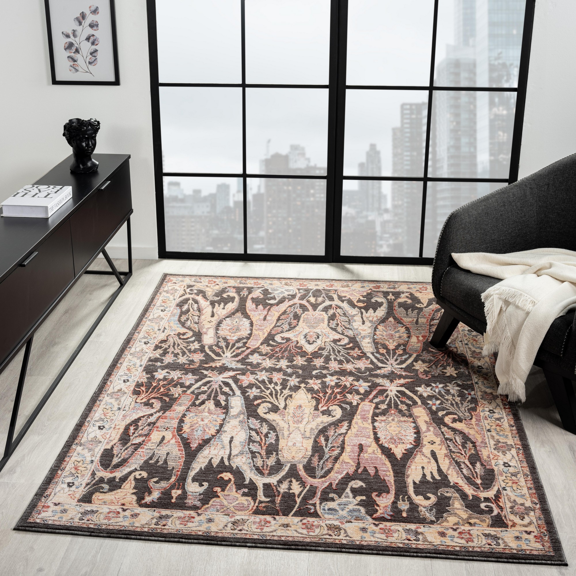 Alia 697gl Traditional Border Rugs In Anthra Cream White